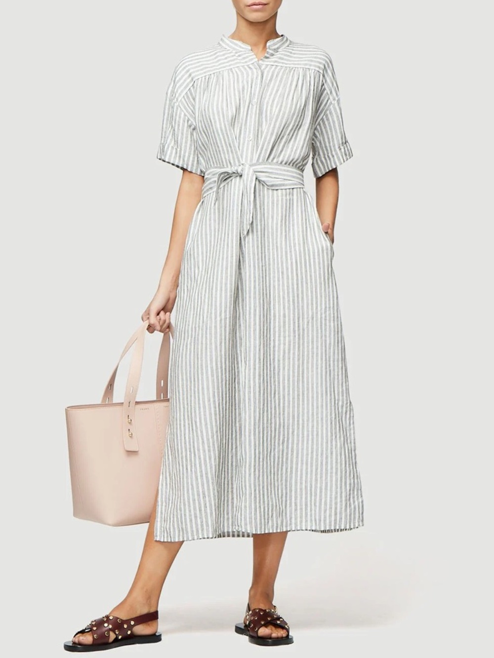 FRAME Button Front Linen Striped Midi Dress Quiet Luxury Coastal Chic Size Small - Picture 1 of 11